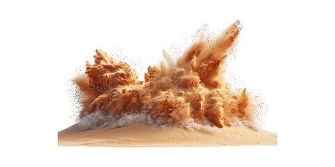 Explosive Sand Eruption Desert Dune. Dynamic Energy And Natural Force Captured Isolated On Transparent Background