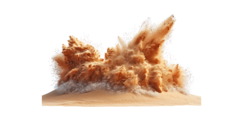 Explosive Sand Eruption Desert Dune. Dynamic Energy And Natural Force Captured Isolated On Transparent Background