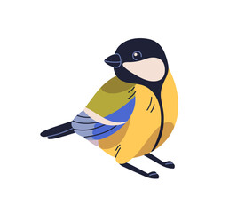 Great tit, winter bird species. Small little feathered songbird, titmouse, tomtit looking aside. Parus major, Eurasian forest fauna. Flat graphic vector illustration isolated on white background