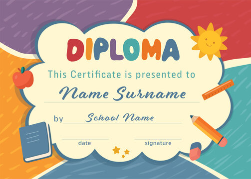 Kindergarten diploma certificate template with cloud school supplies sun and colorful background