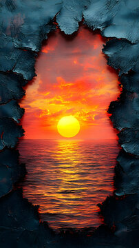 Dramatic sunset view through a torn hole in dark material