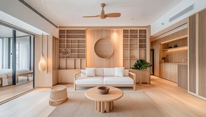 Modern, minimalist living room with natural wood tones
