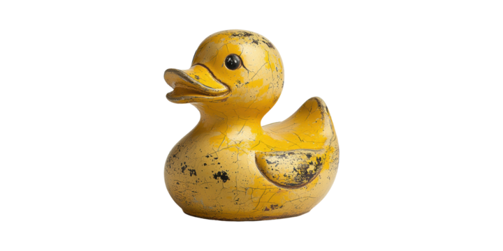 Vintage Yellow Rubber Duck With Distressed Texture. Nostalgic Childhood Bath Toy Isolated On Transparent Background