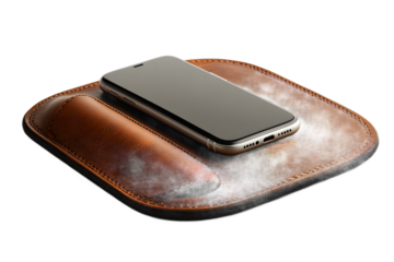 A modern wireless mouse pad with a phone stand on an isolated background, photorealistic image for graphic design, advertising and tech visuals