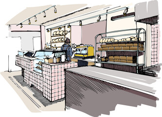 Small Bakery Interior Sketch. Local Small Business Concept. Hand-Drawn Vector Illustration, Not AI