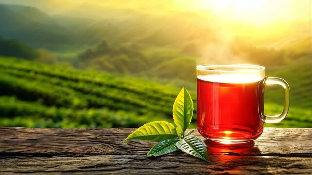 Tea in glass cup, tea plantation with copy space, slow motion