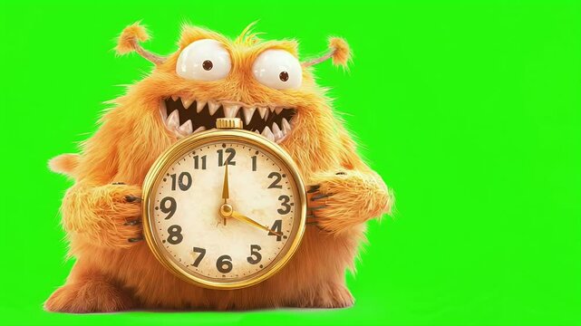 A fluffy, excited monster clutching a giant countdown clock, waiting for midnight New Year, green background