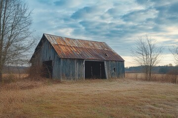 Rustic weathered barn in a field under a dramatic sky