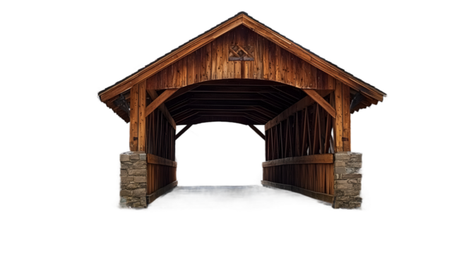 A rustic wooden covered bridge with a cut out background, professional photography for travel guides, brochures and architectural studies