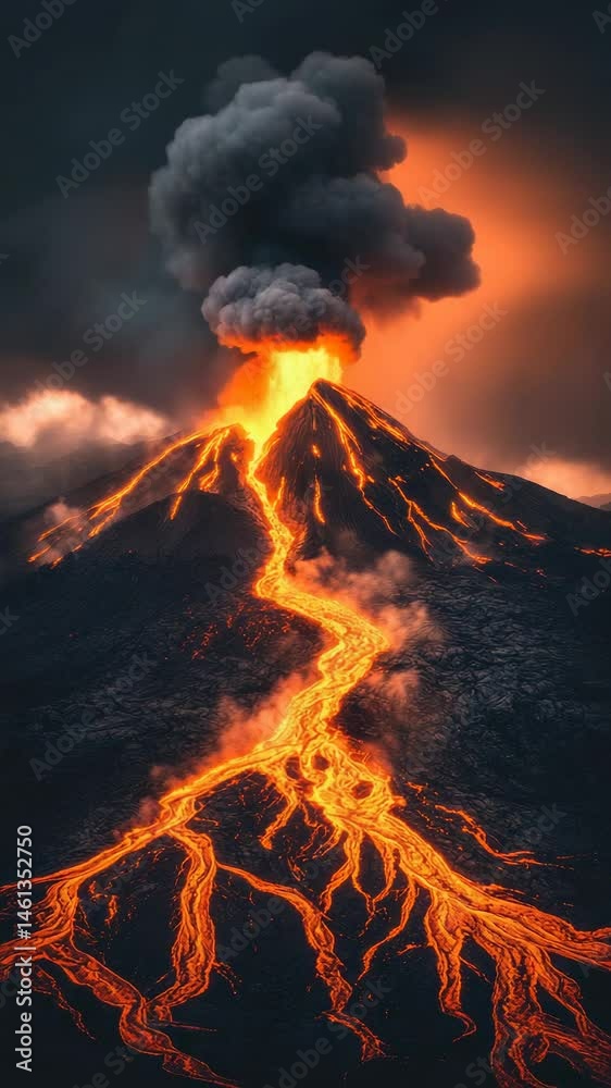 Poster molten lava flows down the slopes of an erupting volcano, creating a dramatic spectacle of nature's 