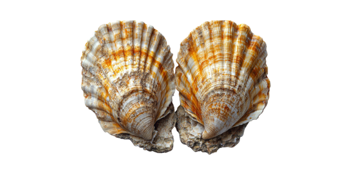 Two Symmetrical Seashells. Marine Life And Coastal Decor Inspiration Isolated On Transparent Background