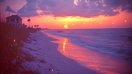 Coastal sunrise, vibrant hues paint the sky and ocean.  Soft glow on the beach