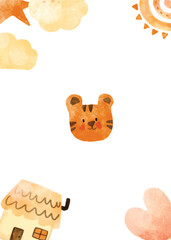 hand drawn watercolor cute tiger boho frame/border  for nursery room, baby shower, or birthday card decoration. hand drawn watercolor boho frame, cute frame vector boho rainbows . boho frame