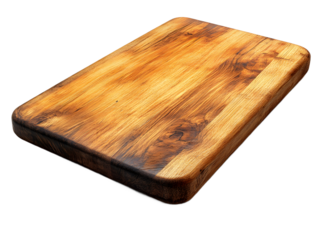 A natural wooden cutting board on a transparent background, photorealistic image for blog posts, news articles and cooking commentary