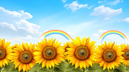 Obraz premium Colorful Sunflower Field Under Rainbow Sky