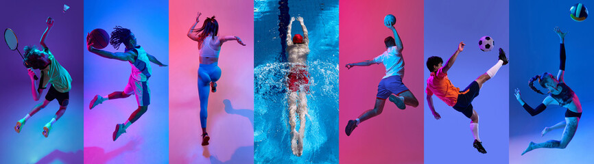 Badminton, basketball, running, swimming, handball, football and volleyball. Set of images of...