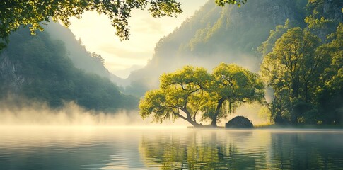 Obraz premium Misty Lake Morning Tree