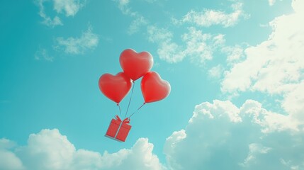 Fototapeta premium A Box flying on a parachute with pink cloud in valentine day,package flying down from sky and cloud with parachute, concept for delivery service,shopping online,air delivery service.
