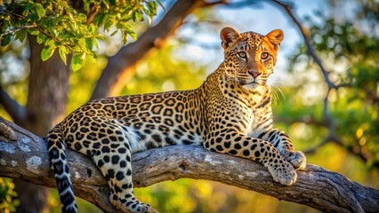 Leopard perched on a large tree branch in the wild habitat during the day, basking in sunlight filtered through leaves , bush