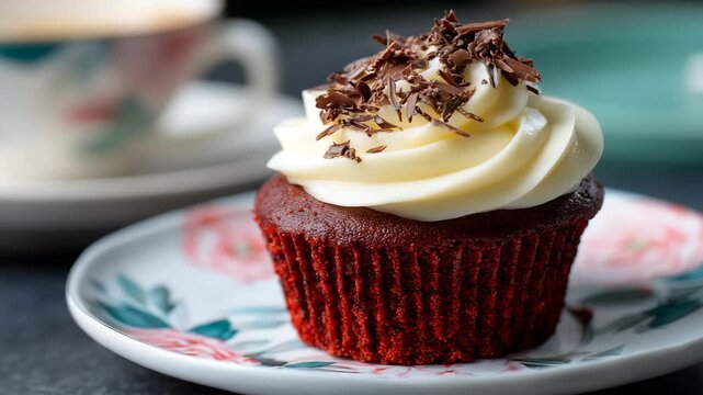 A scrumptious red velvet cupcake topped with creamy frosting and chocolate shavings, perfect for celebrating special occasions or as a sweet treat.
