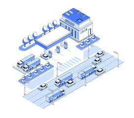 Gas station on the highway - vector isometric illustration
