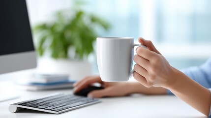 Close-up of a person’s hand holding a white mug in front of a computer keyboard in a bright office setting