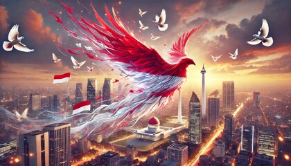 cinematic interpretations of the Indonesian flag transforming into a flock of doves over Jakarta at sunset for the Indonesian Independence Day