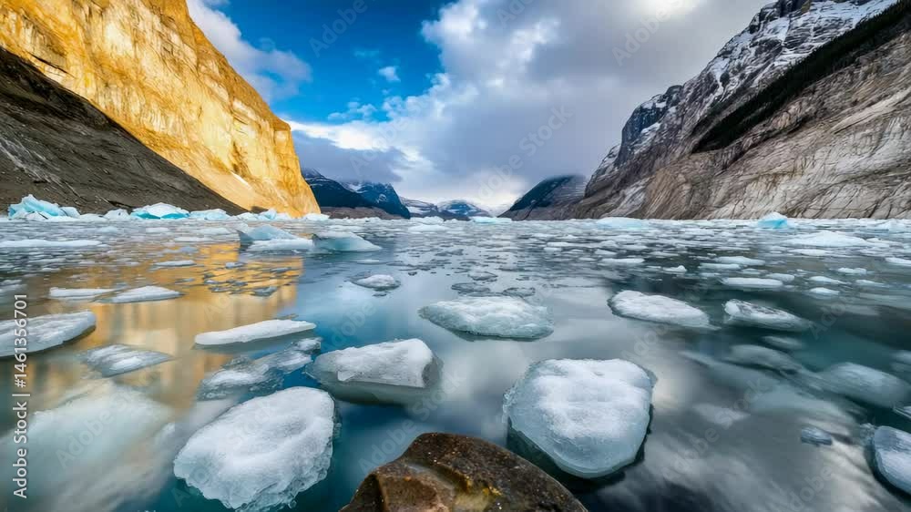 Poster Icebergs are floating serenely on turquoise water under a cloudy sky, surrounded by towering cliffs and snow capped mountains, creating a breathtaking arctic landscape