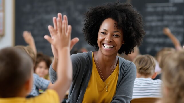 Smiling female teacher gives student a high-five in a classroom setting, encouraging participation and achievement.