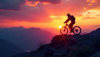 Obraz premium Silhouetted mountain bike atop a peak, vibrant sunset , scenic, shadow