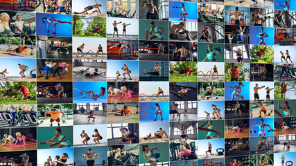 Cycling, ropes, functional training, TRX, gym, strength and group workouts. Set of images of people training in motion indoors and outdoors. Collage. Concept of competition, sport, active lifestyle