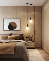 Modern bedroom interior design, warm and minimalist.  Natural wood tones, neutral color palette, and stylish pendant lights