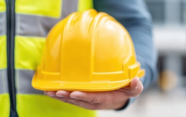 Fototapeta premium Bright Yellow Safety Helmet Held by Worker in Construction Environment