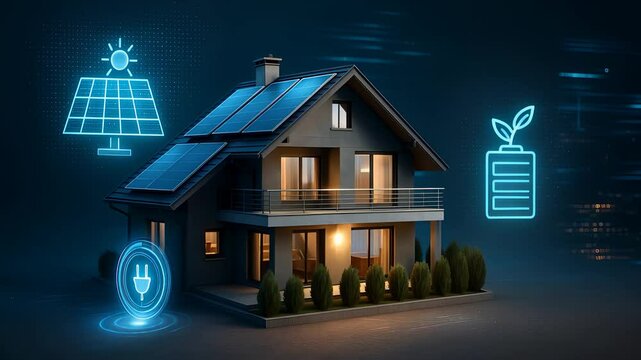 Eco Smart Home with Solar Panels and Glowing Energy Icons Representing Renewable Power and Sustainable Living


