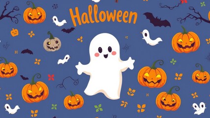A cute friendly ghost floats among carved pumpkins bats and flowers for a whical Halloween design.