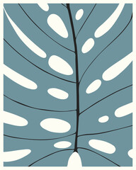 Monstera leaf wallpaper, botanical style wall decor design, leaf skeleton close up. In blue soft colors.