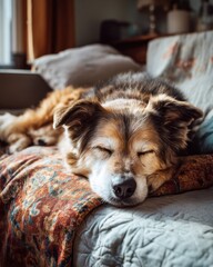Fototapeta na wymiar Animal Rights and Welfare Senior Dog Sleeping Peacefully on a Couch