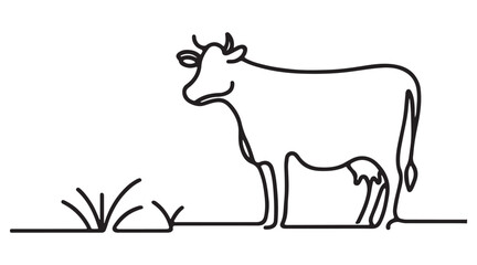 Cow Grazing on Grass Minimalist Silhouette Line Art Illustration