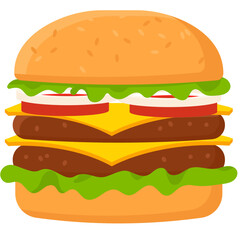 Delicious burger in a bun with cheese, lettuce tomato, Gourmet flat design fast food design element