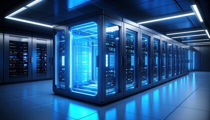 Data Center with Blue Light Server Racks