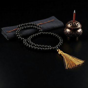 A string of juzu prayer beads in black wood with a gold tassel, coiled neatly on a black background. A small incense burner and a folded cloth