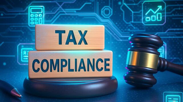 Tax Compliance Concept with Law Gavel and Financial Icons Representing Legal Accountability and Regulatory Obligation

