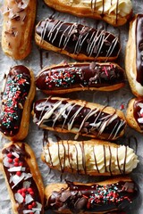 Decorative Chocolate Eclairs with Colorful Toppings - National Chocolate Eclair Day