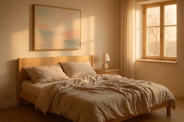 Serene scandinavian bedroom interior design with minimalist aesthetic and warm neutral tones