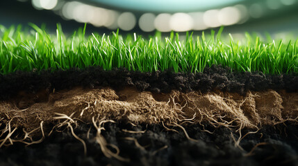 Detailed view of a stadium lawn cross-section with thick, entangled roots beneath the surface, fertile dark soil, and bright green grass above. Stadium lighting