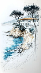 Coastal villa perched on a rocky cliff overlooking tranquil turquoise sea, framed by two pine trees