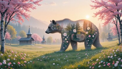 Bear, grizzly bear, double exposure of spring landscape. Flowering meadows, birch forests, small wooden chapels with silver domes. Delicate pink cherry blossoms