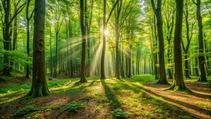 Obraz premium Dense foliage of lush green trees with sunlight filtering through leaves, casting dappled shadows on forest floor, forest