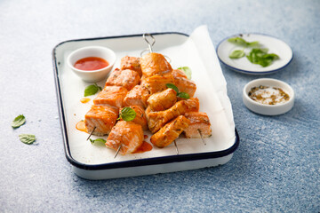 Salmon skewers with sweet chili sauce
