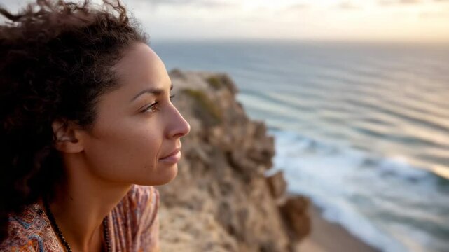 A thoughtful woman gazes out at the vast ocean from a cliffside, reflecting deep emotions and the beauty of nature, resonating with feelings of introspection and freedom.